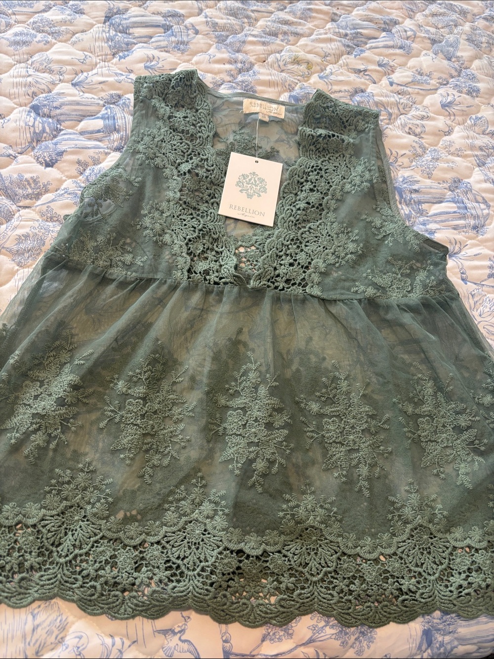 Rebellion Sleeveless Lace Overlay Camisole in Sage Green